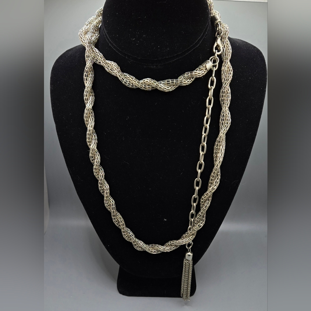 Twisted Mesh Chain Necklace with Tassle Silver Tone 34" + 6.5" Extender EUC